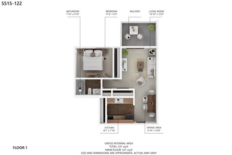 A floor plan of apartment 5515-122 showing the layout of the bedroom, bathroom, balcony, living room, kitchen, and dining area.
